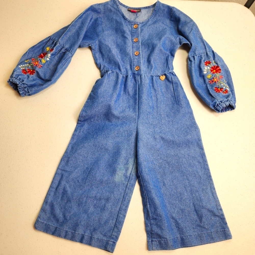 Vince Camuto Toddler Girls Floral Embroidered Designer Jean Jumpsuit - Size 3T